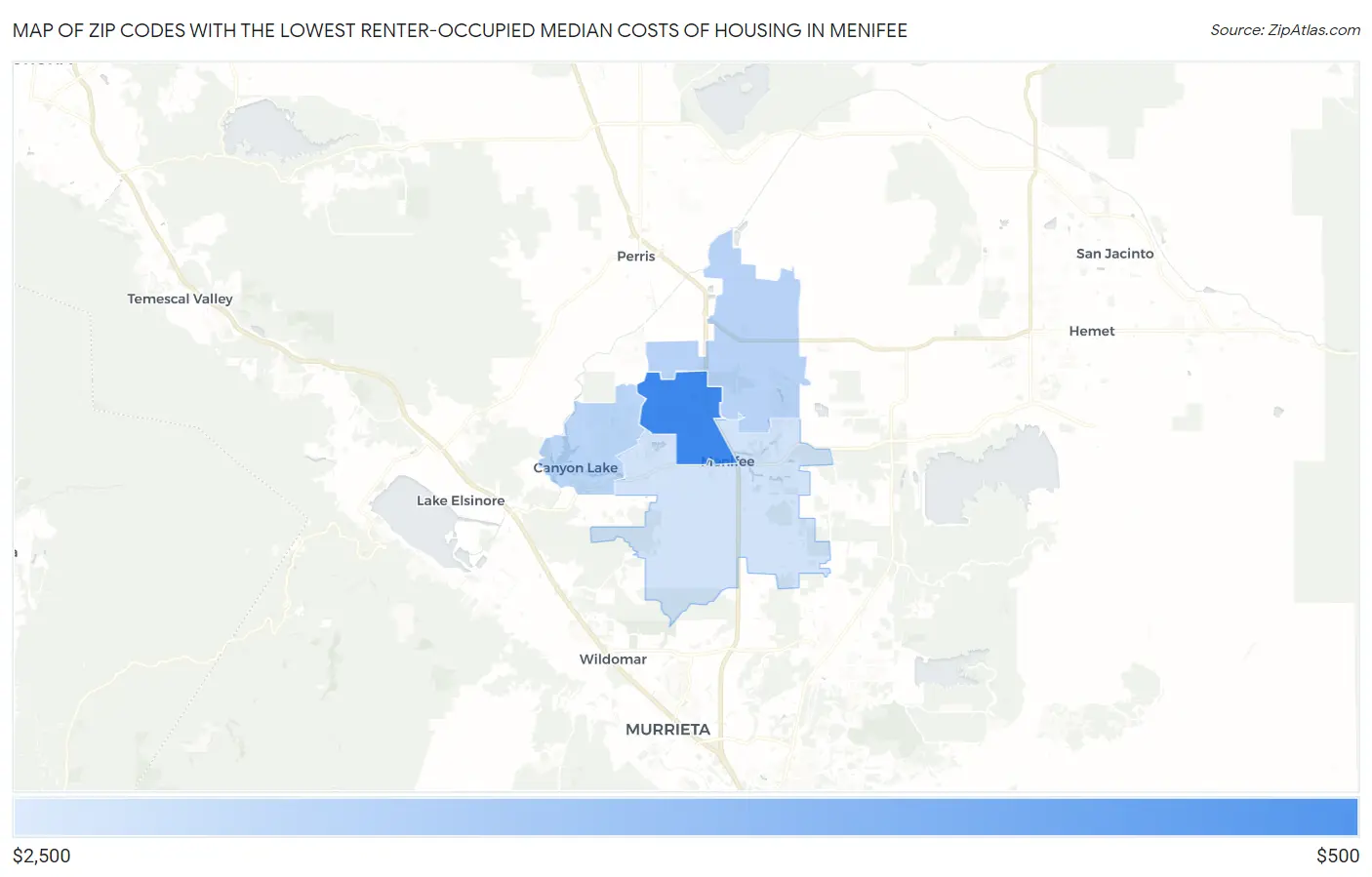 Zip Codes with the Lowest Renter-Occupied Median Costs of Housing in Menifee Map