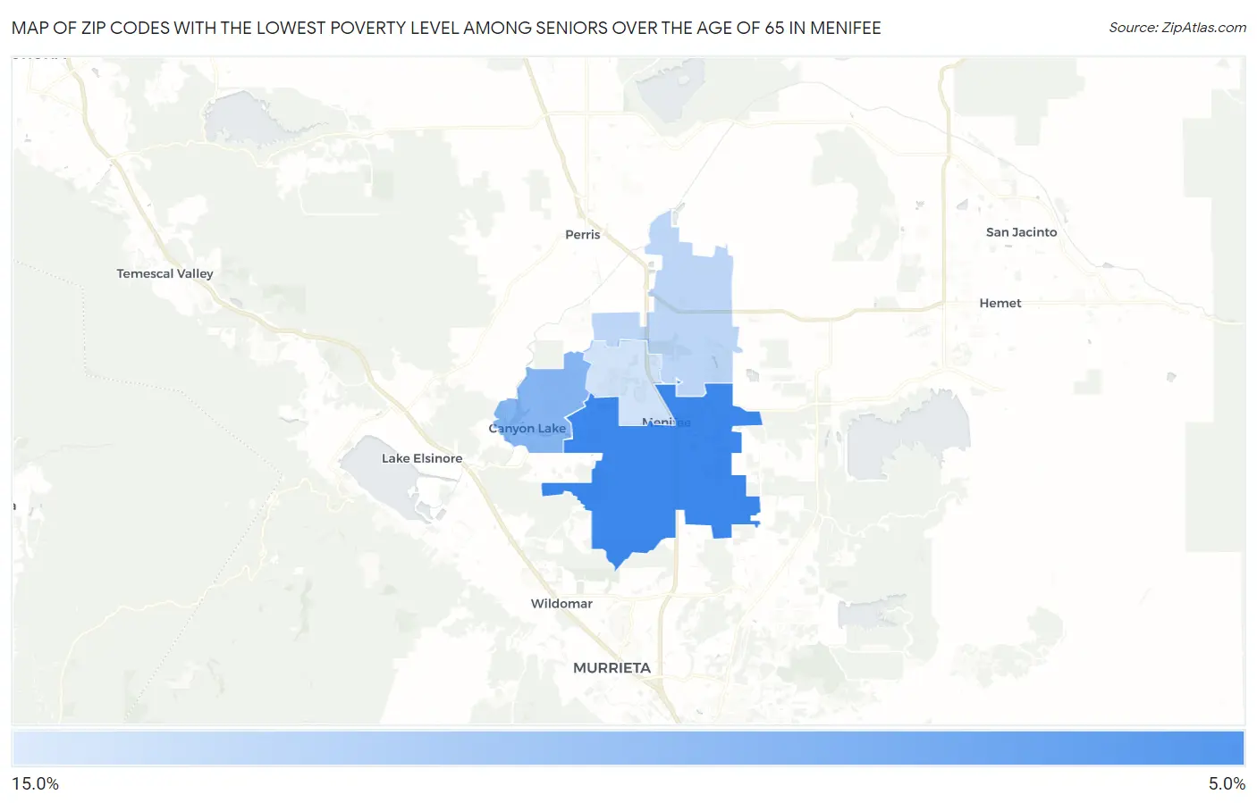 Zip Codes with the Lowest Poverty Level Among Seniors Over the Age of 65 in Menifee Map