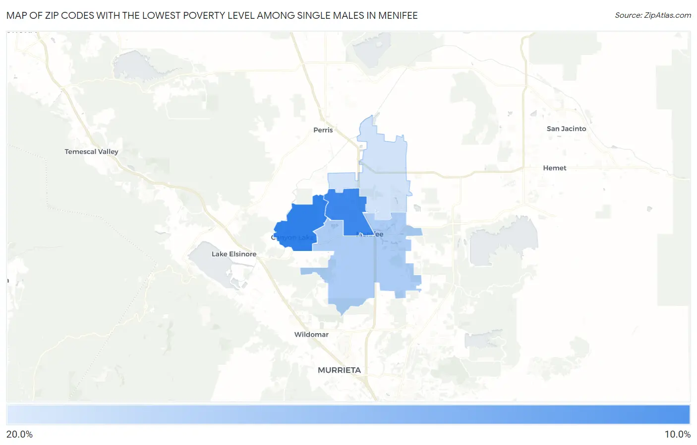 Zip Codes with the Lowest Poverty Level Among Single Males in Menifee Map