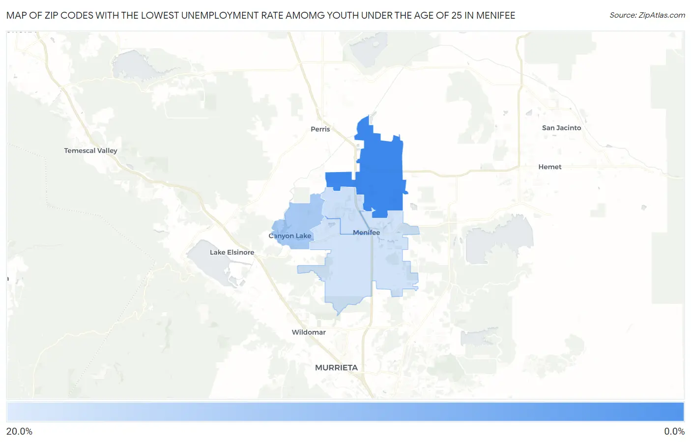Zip Codes with the Lowest Unemployment Rate Amomg Youth Under the Age of 25 in Menifee Map