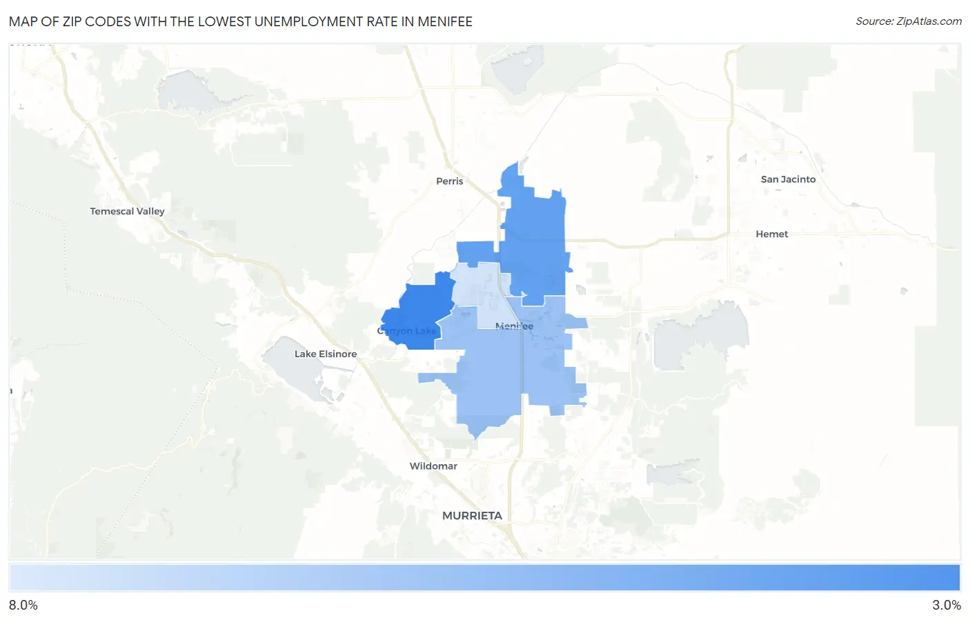 Zip Codes with the Lowest Unemployment Rate in Menifee Map