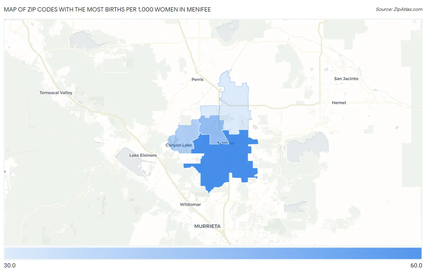 Zip Codes with the Most Births per 1,000 Women in Menifee Map