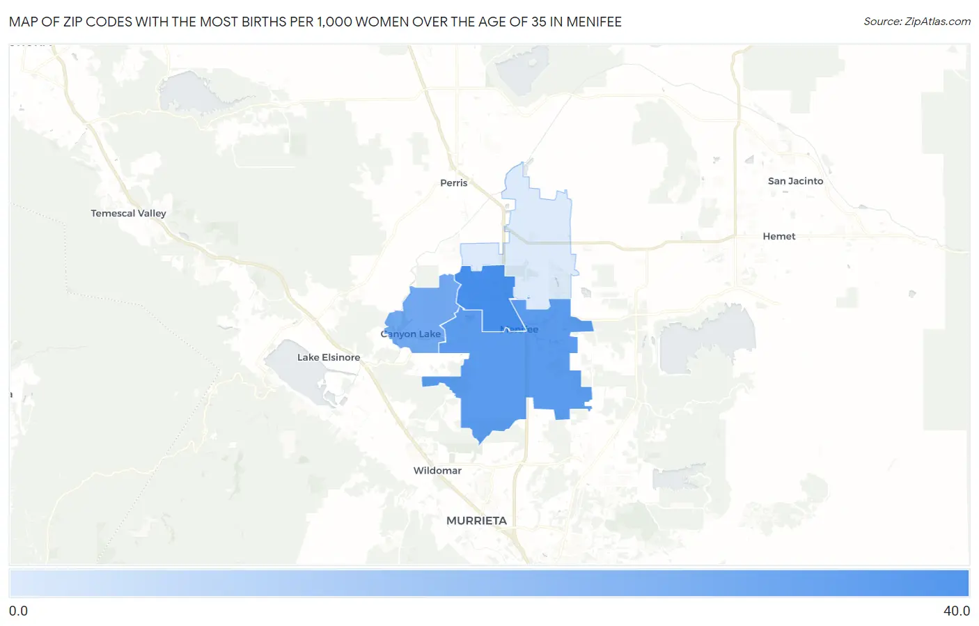 Zip Codes with the Most Births per 1,000 Women Over the Age of 35 in Menifee Map