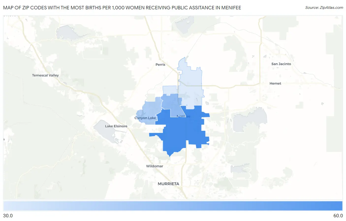 Zip Codes with the Most Births per 1,000 Women Receiving Public Assitance in Menifee Map