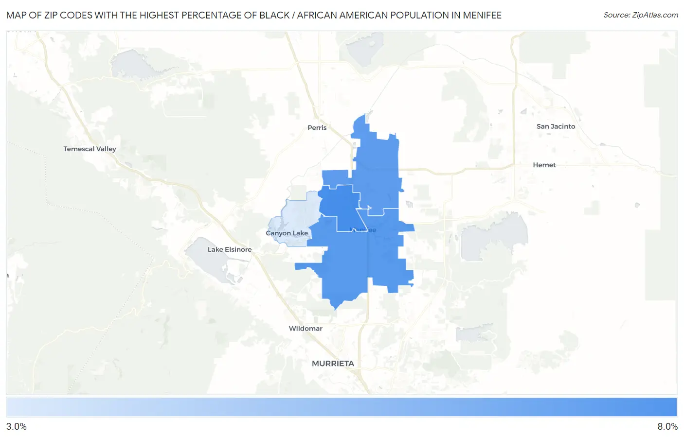 Zip Codes with the Highest Percentage of Black / African American Population in Menifee Map
