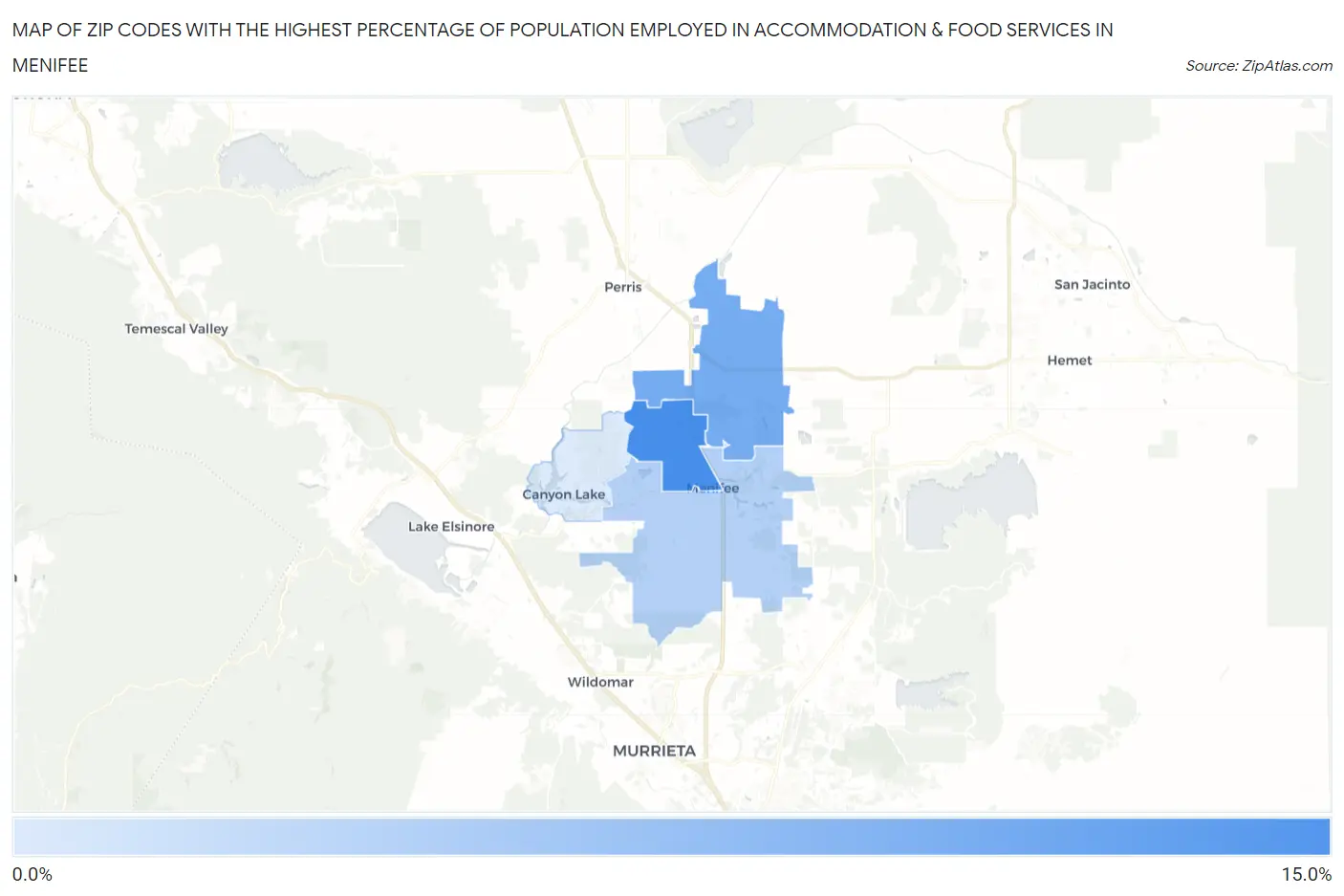 Zip Codes with the Highest Percentage of Population Employed in Accommodation & Food Services in Menifee Map