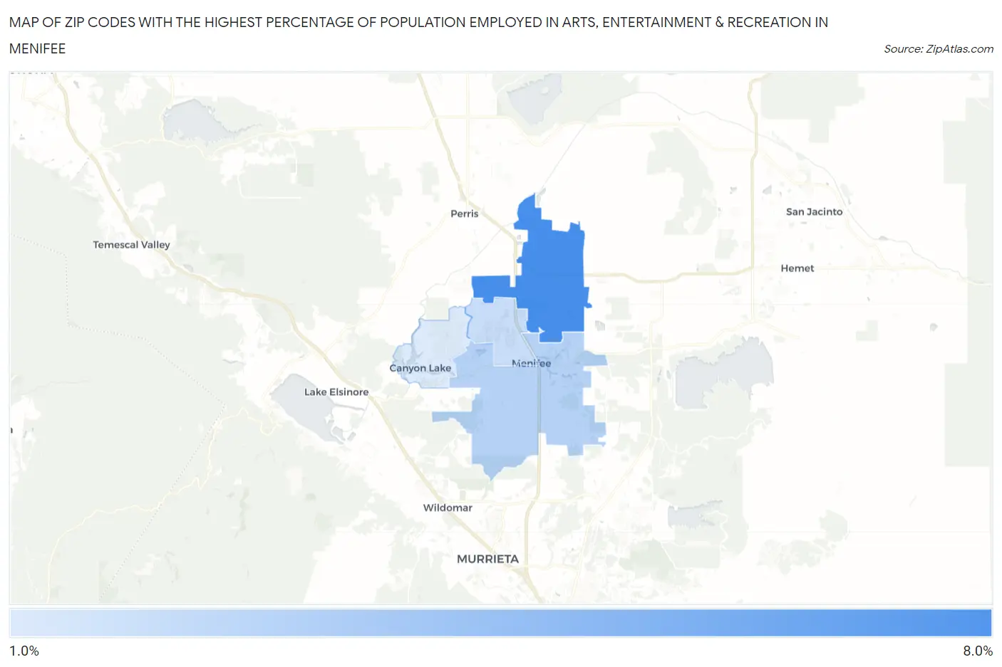 Zip Codes with the Highest Percentage of Population Employed in Arts, Entertainment & Recreation in Menifee Map