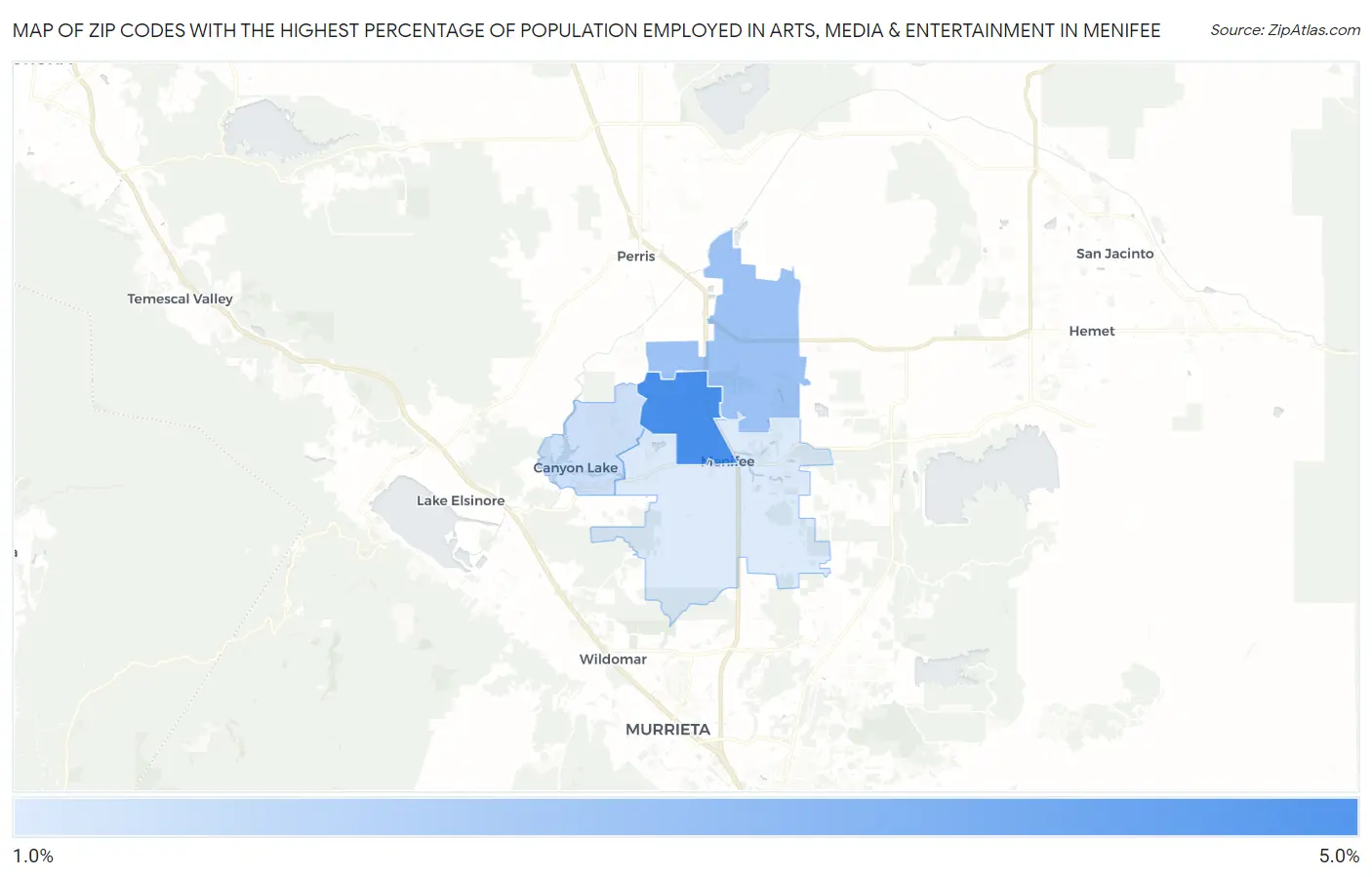 Zip Codes with the Highest Percentage of Population Employed in Arts, Media & Entertainment in Menifee Map