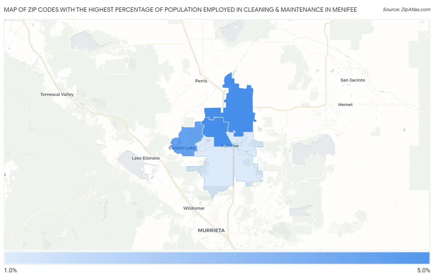 Zip Codes with the Highest Percentage of Population Employed in Cleaning & Maintenance in Menifee Map
