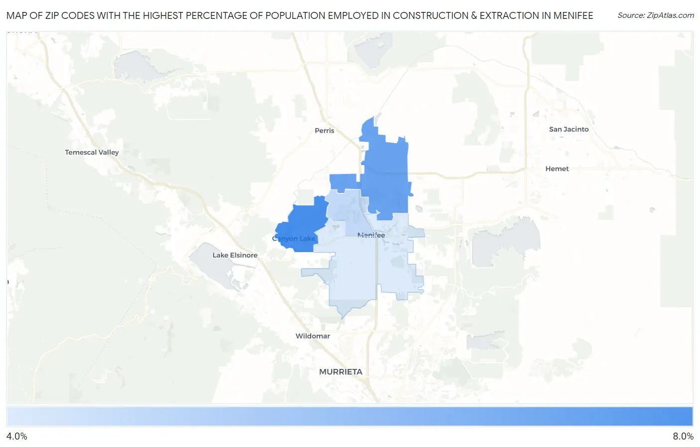 Zip Codes with the Highest Percentage of Population Employed in Construction & Extraction in Menifee Map