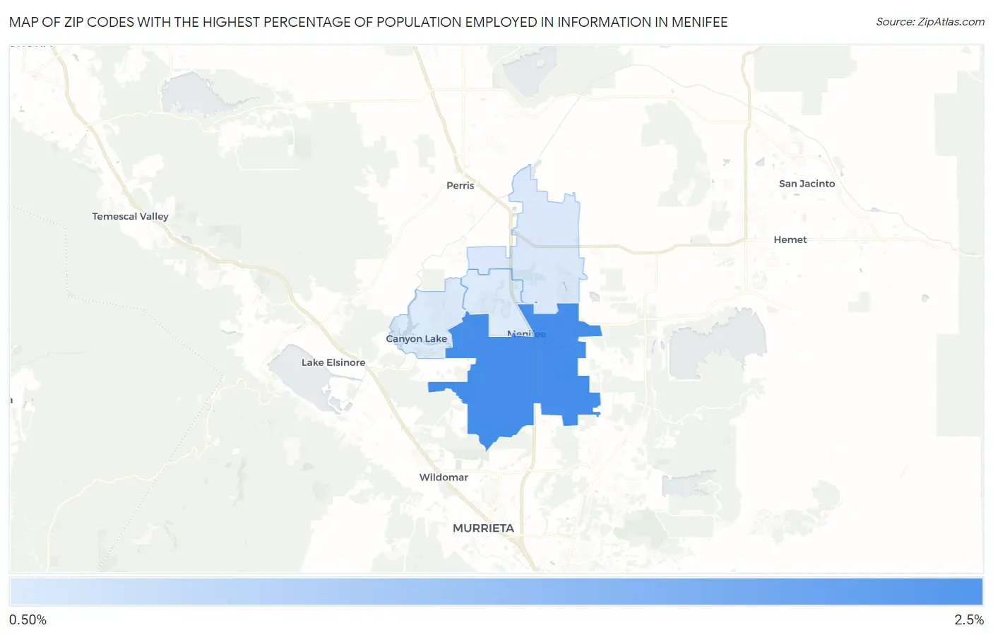 Zip Codes with the Highest Percentage of Population Employed in Information in Menifee Map