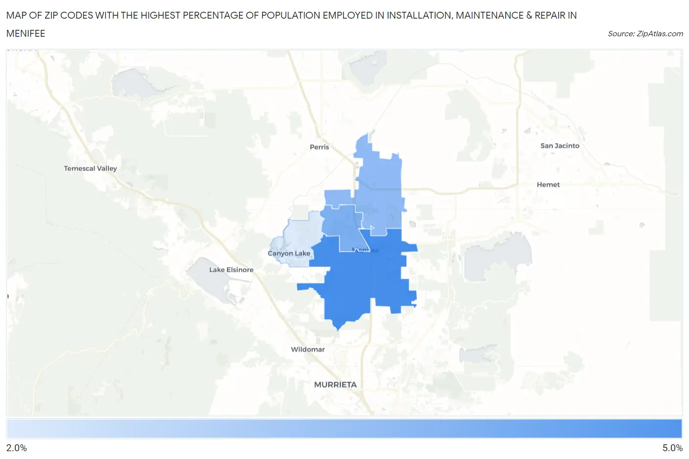 Zip Codes with the Highest Percentage of Population Employed in Installation, Maintenance & Repair in Menifee Map