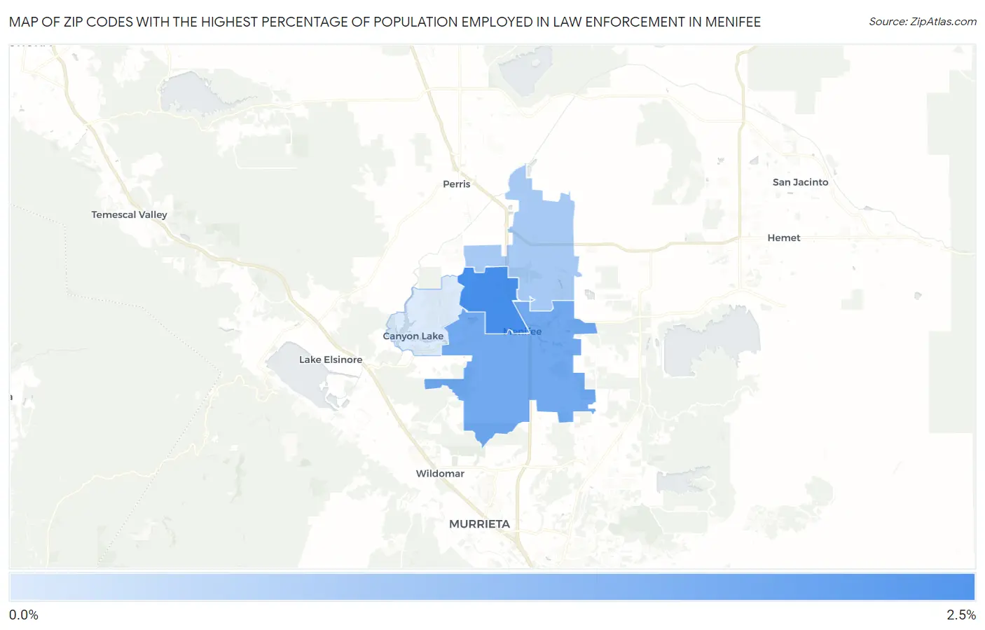 Zip Codes with the Highest Percentage of Population Employed in Law Enforcement in Menifee Map