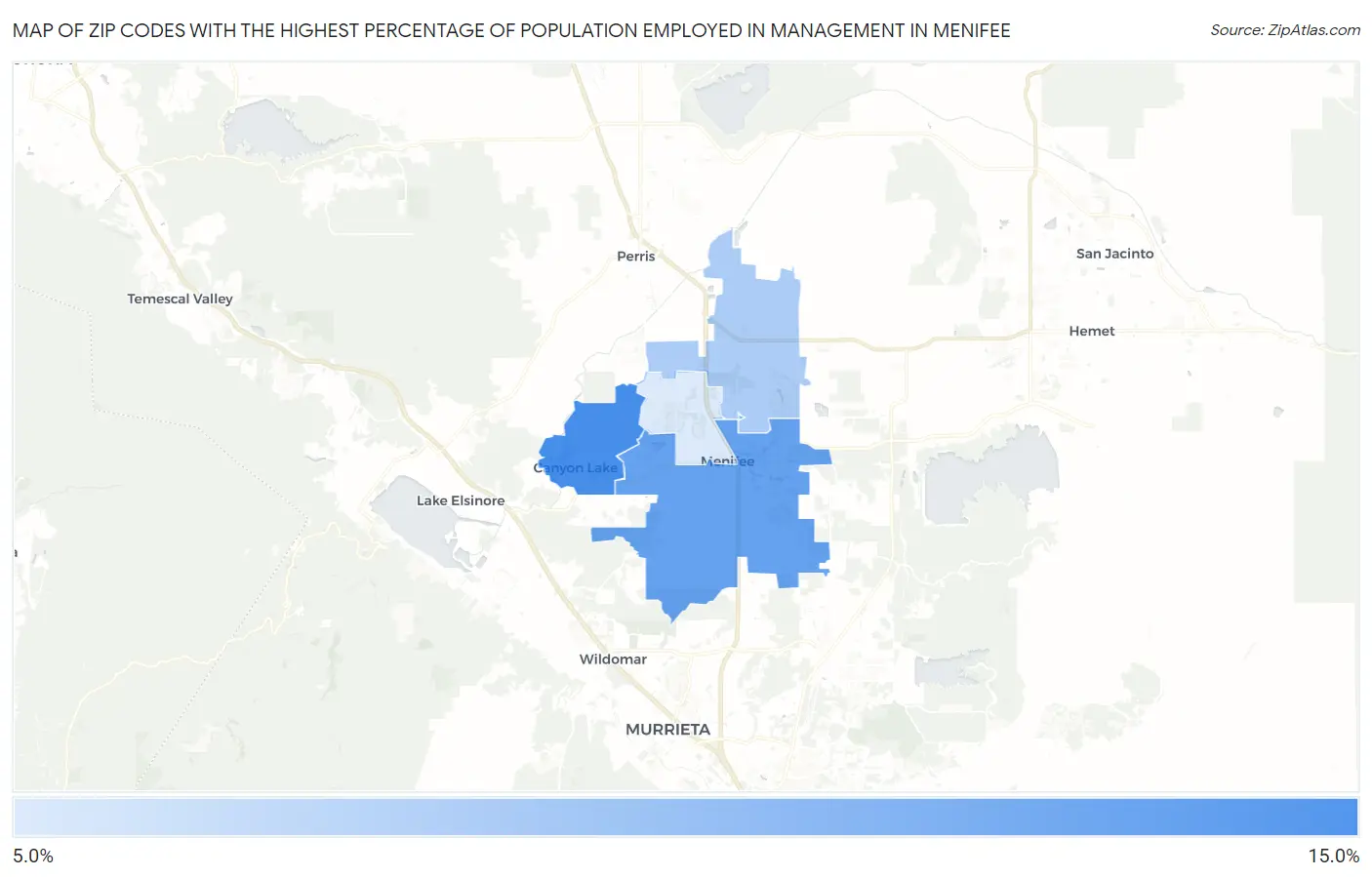 Zip Codes with the Highest Percentage of Population Employed in Management in Menifee Map