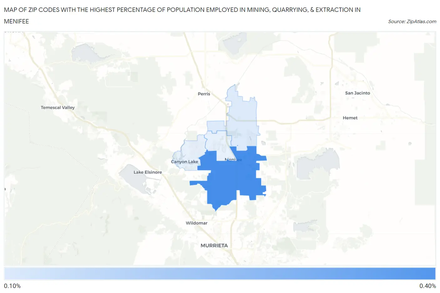 Zip Codes with the Highest Percentage of Population Employed in Mining, Quarrying, & Extraction in Menifee Map
