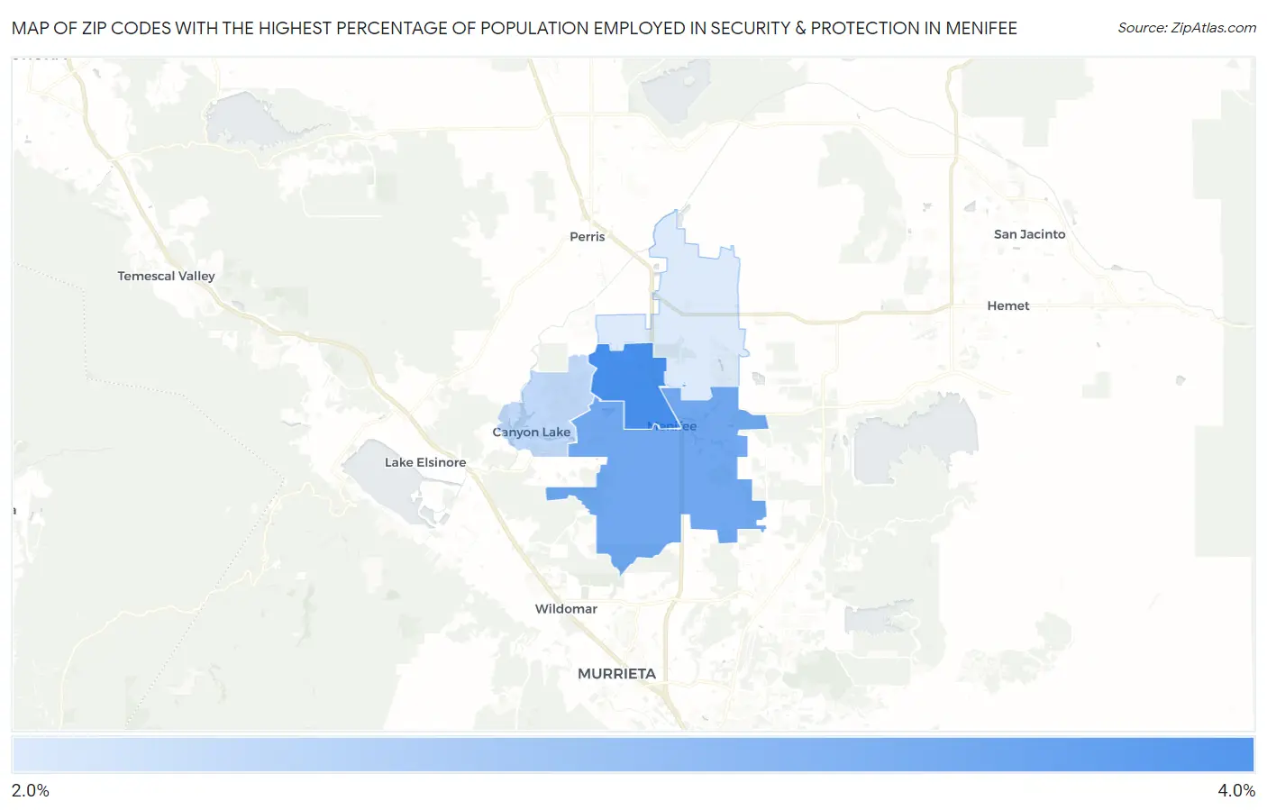 Zip Codes with the Highest Percentage of Population Employed in Security & Protection in Menifee Map