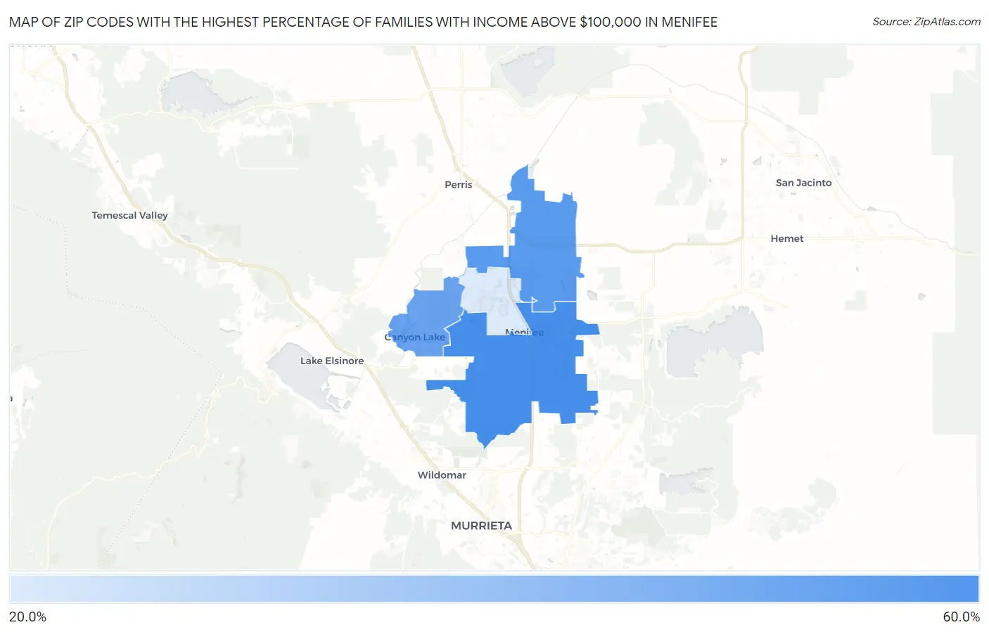 Zip Codes with the Highest Percentage of Families with Income Above $100,000 in Menifee Map