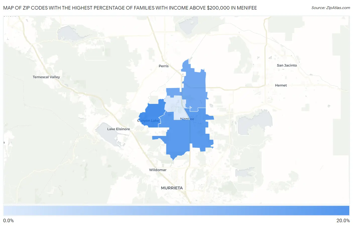 Zip Codes with the Highest Percentage of Families with Income Above $200,000 in Menifee Map