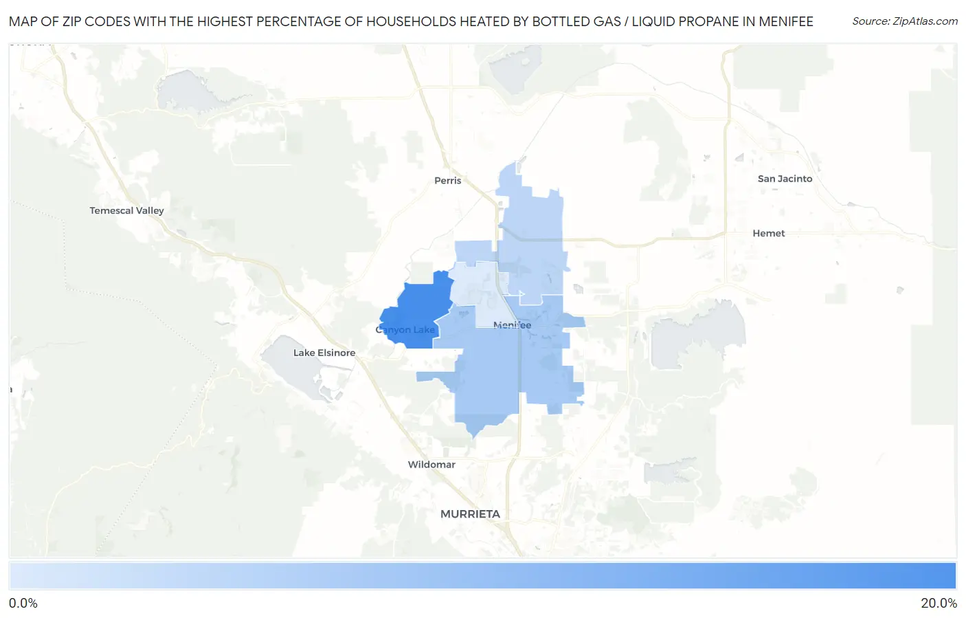 Zip Codes with the Highest Percentage of Households Heated by Bottled Gas / Liquid Propane in Menifee Map