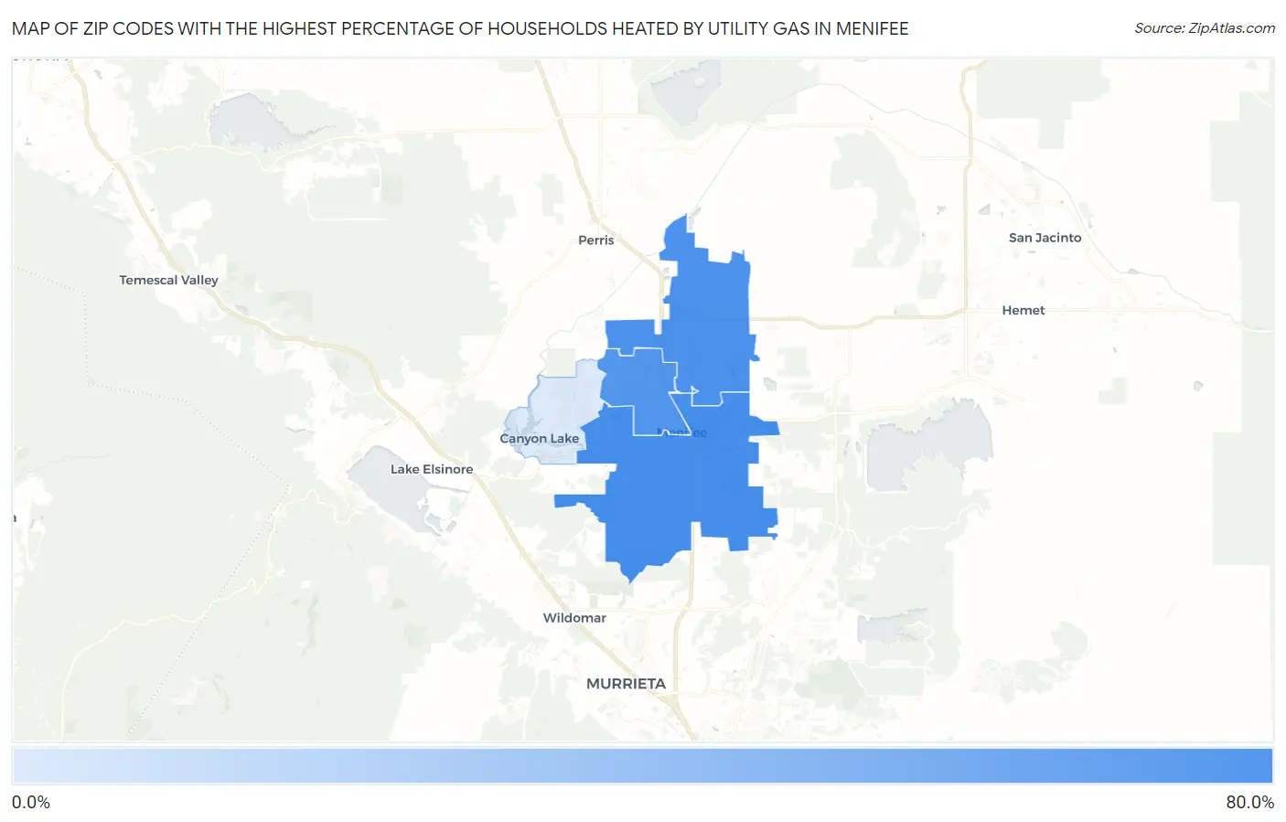 Zip Codes with the Highest Percentage of Households Heated by Utility Gas in Menifee Map