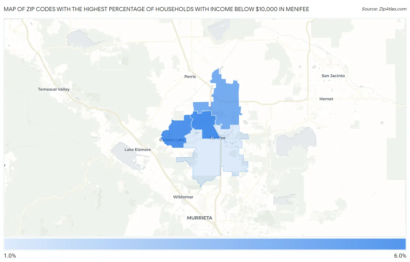 Zip Codes with the Highest Percentage of Households with Income Below $10,000 in Menifee Map