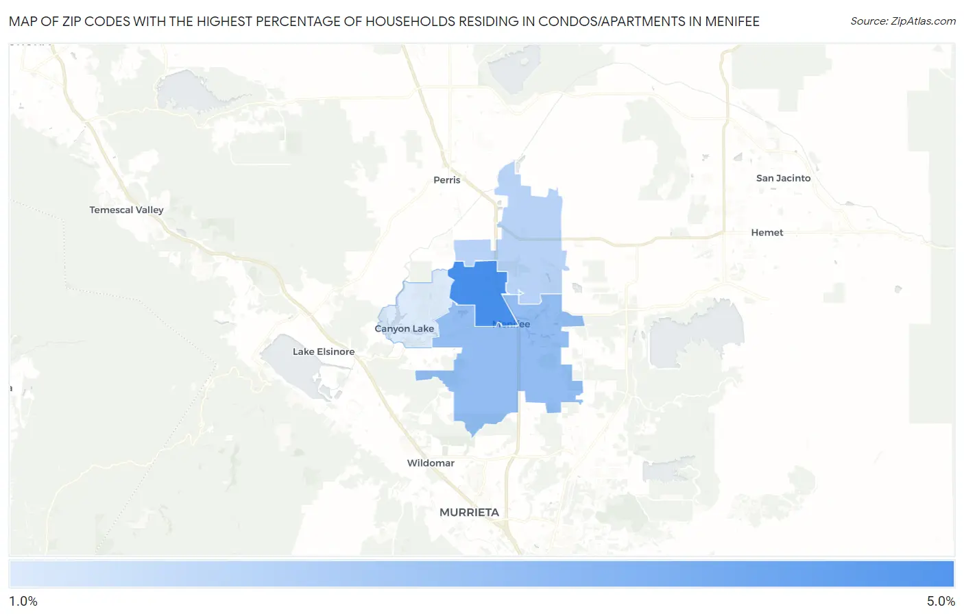Zip Codes with the Highest Percentage of Households Residing in Condos/Apartments in Menifee Map