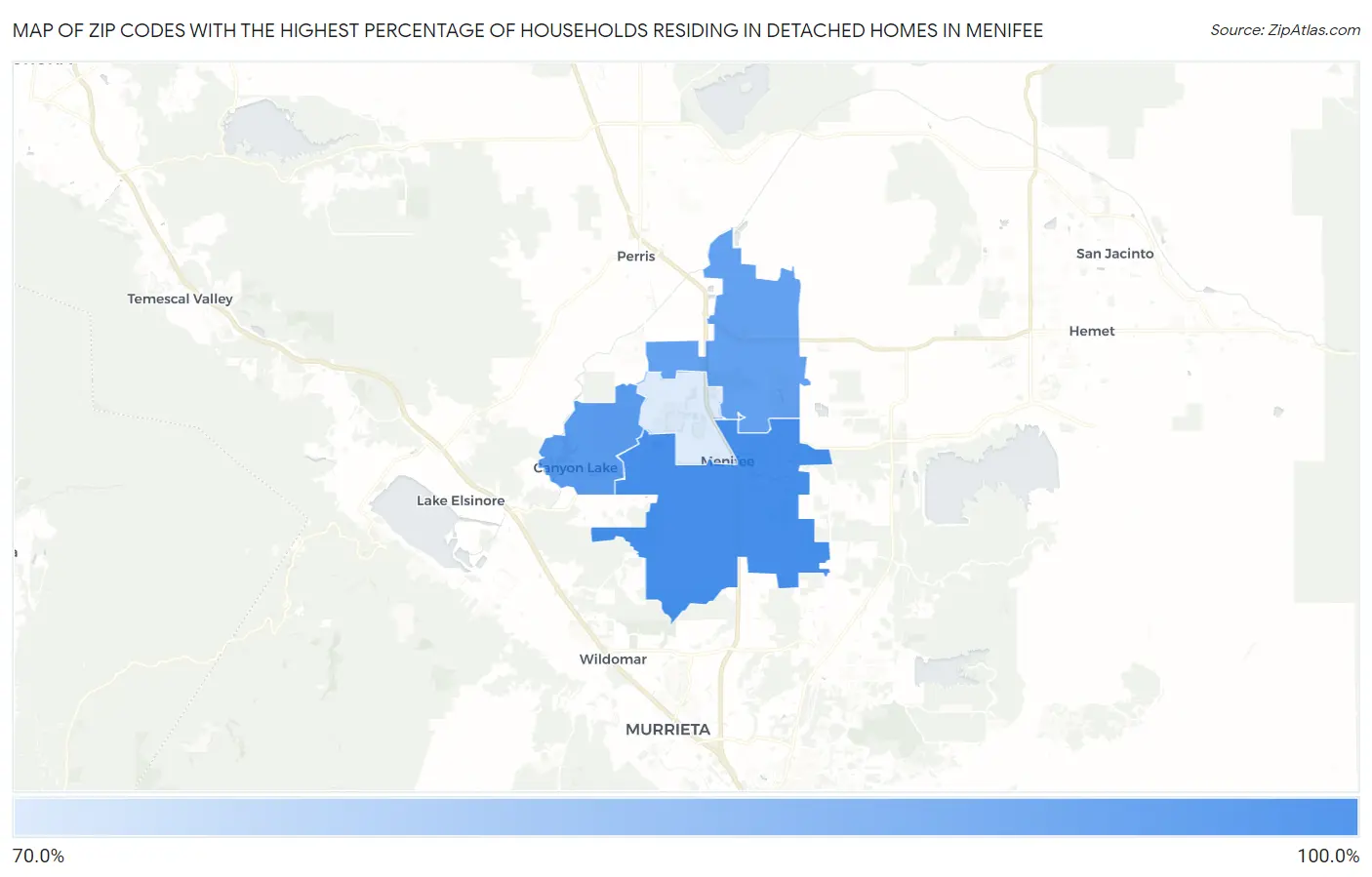 Zip Codes with the Highest Percentage of Households Residing in Detached Homes in Menifee Map