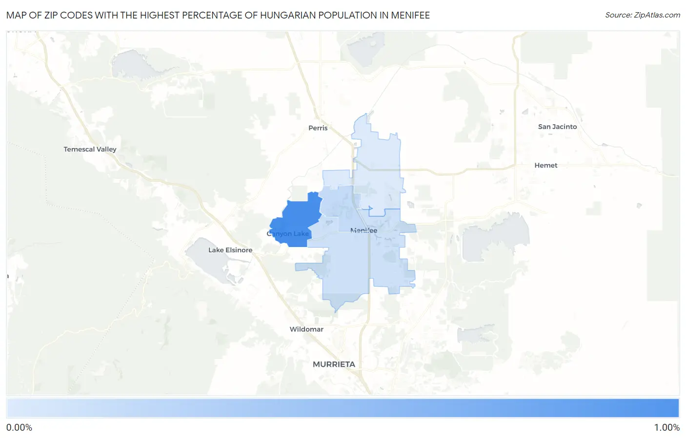 Zip Codes with the Highest Percentage of Hungarian Population in Menifee Map