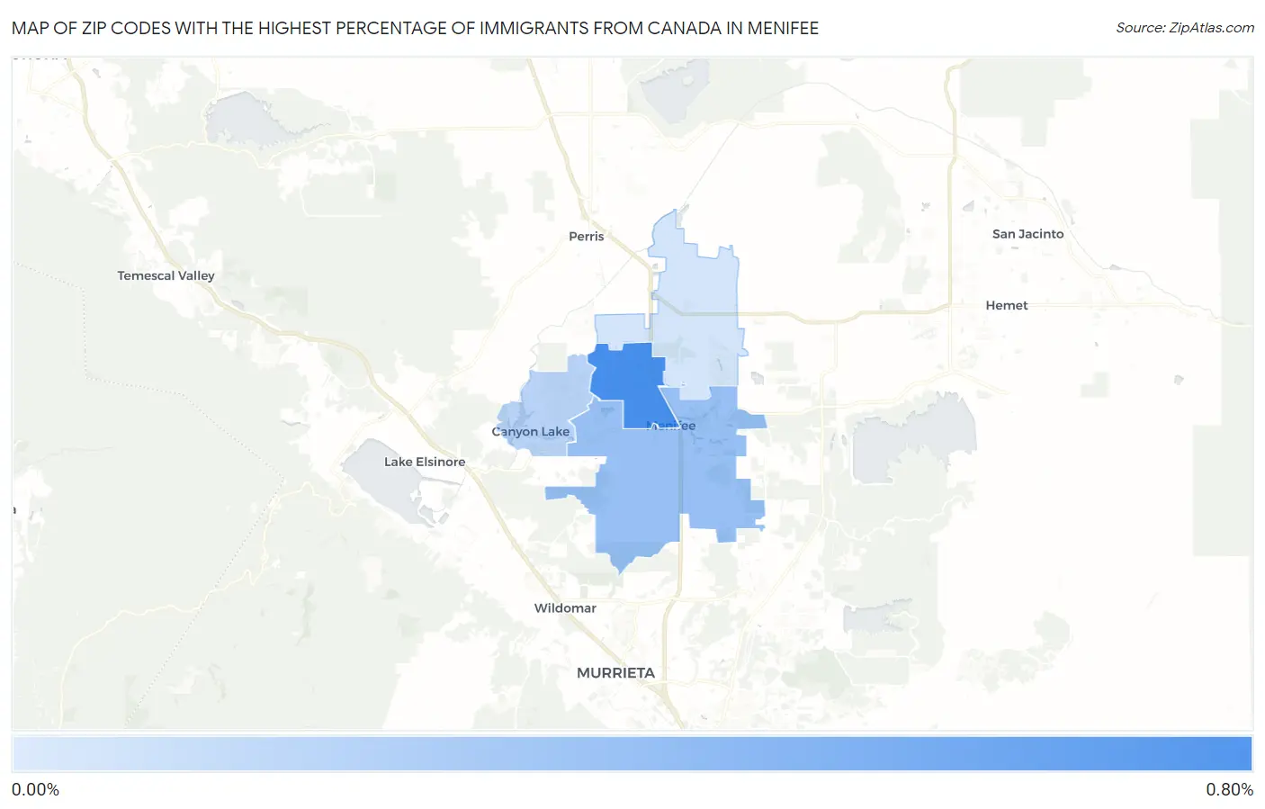Zip Codes with the Highest Percentage of Immigrants from Canada in Menifee Map
