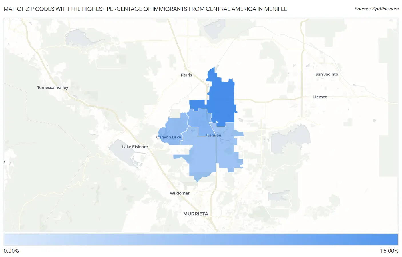 Zip Codes with the Highest Percentage of Immigrants from Central America in Menifee Map