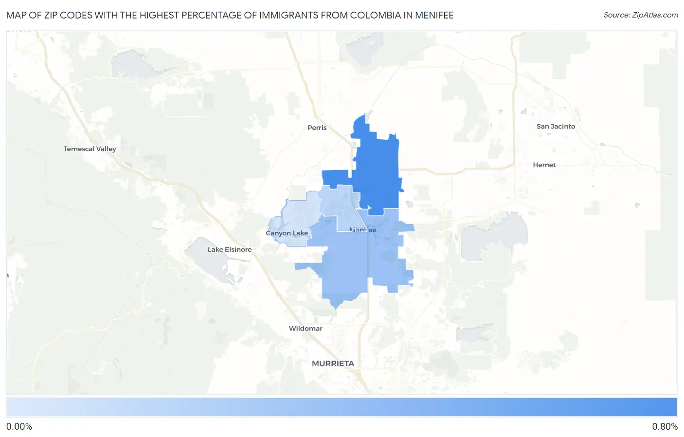 Zip Codes with the Highest Percentage of Immigrants from Colombia in Menifee Map