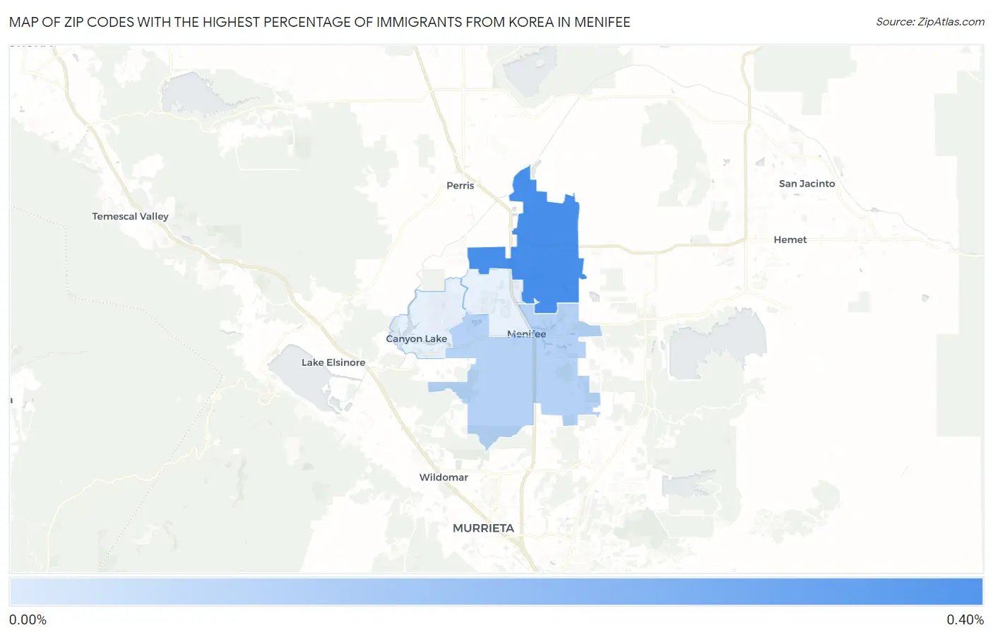 Zip Codes with the Highest Percentage of Immigrants from Korea in Menifee Map
