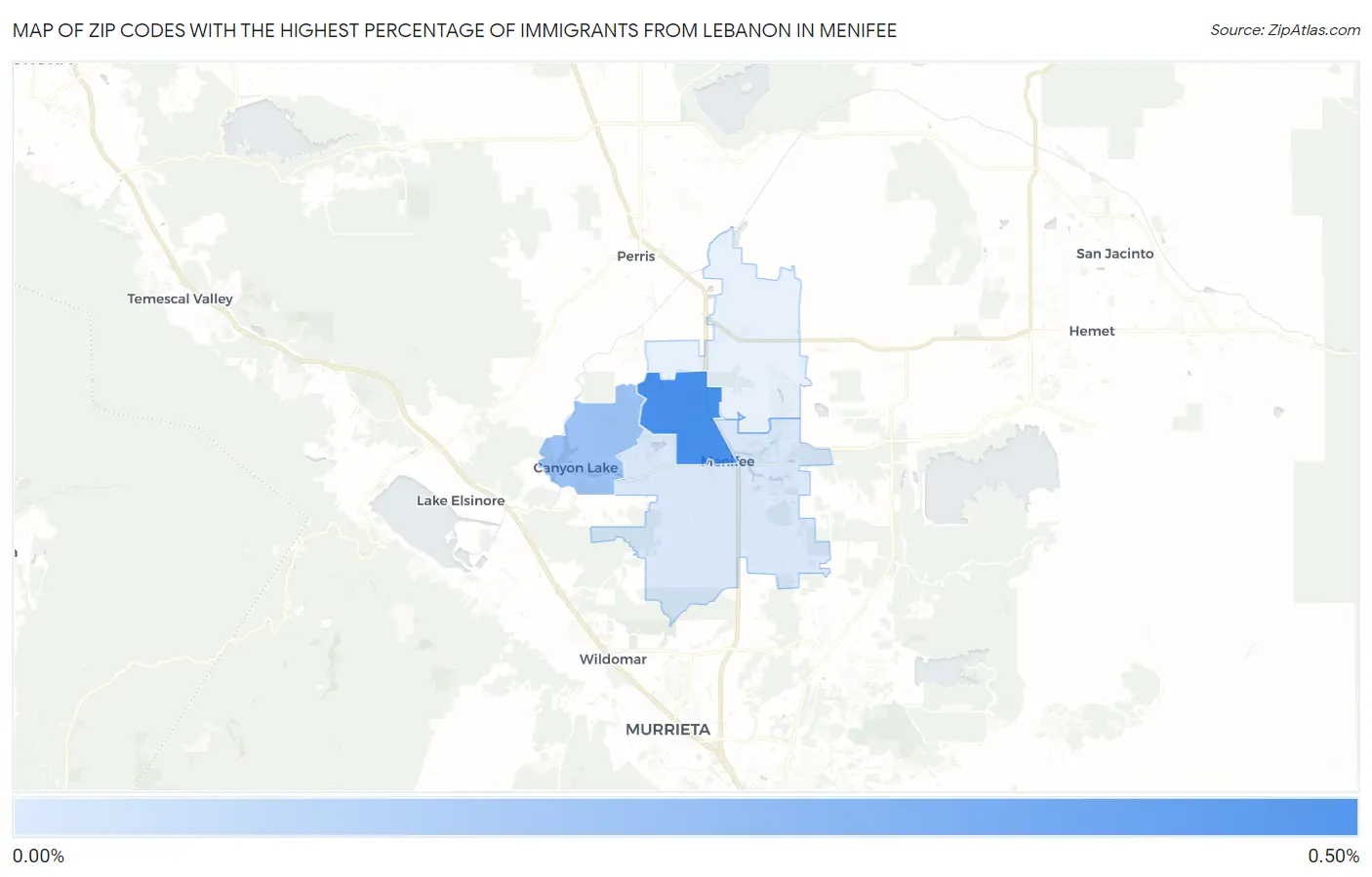 Zip Codes with the Highest Percentage of Immigrants from Lebanon in Menifee Map