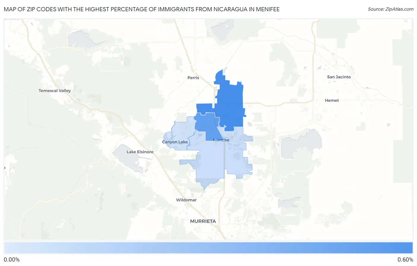 Zip Codes with the Highest Percentage of Immigrants from Nicaragua in Menifee Map