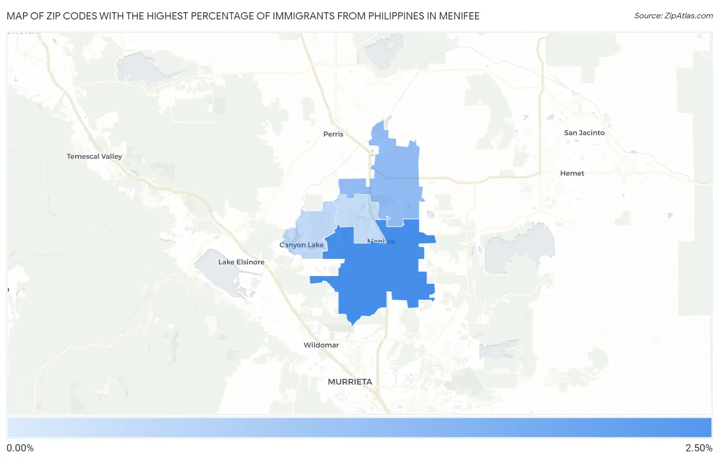Zip Codes with the Highest Percentage of Immigrants from Philippines in Menifee Map