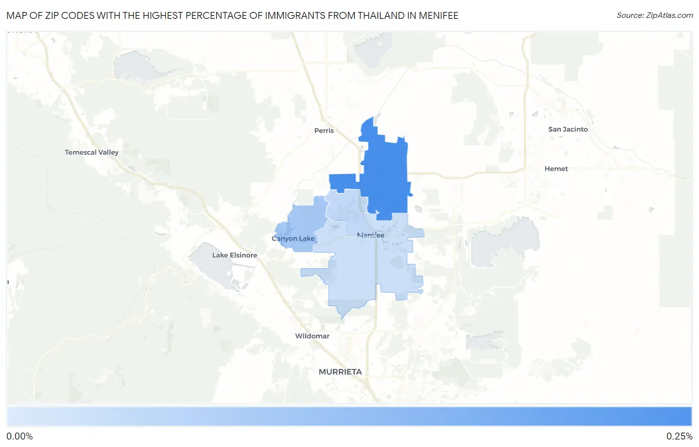Zip Codes with the Highest Percentage of Immigrants from Thailand in Menifee Map