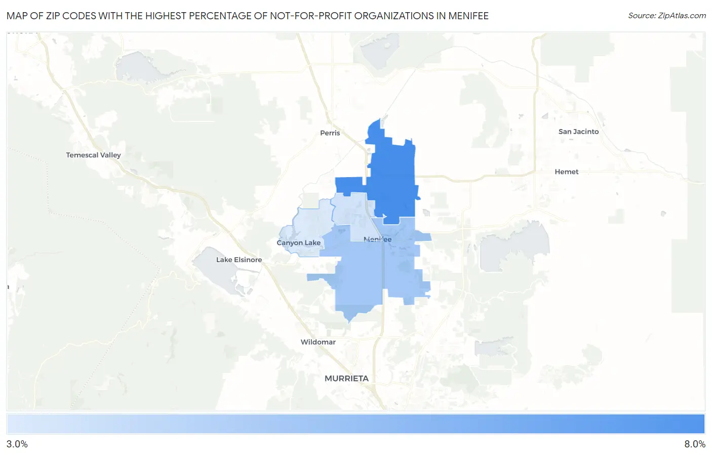 Zip Codes with the Highest Percentage of Not-for-profit Organizations in Menifee Map