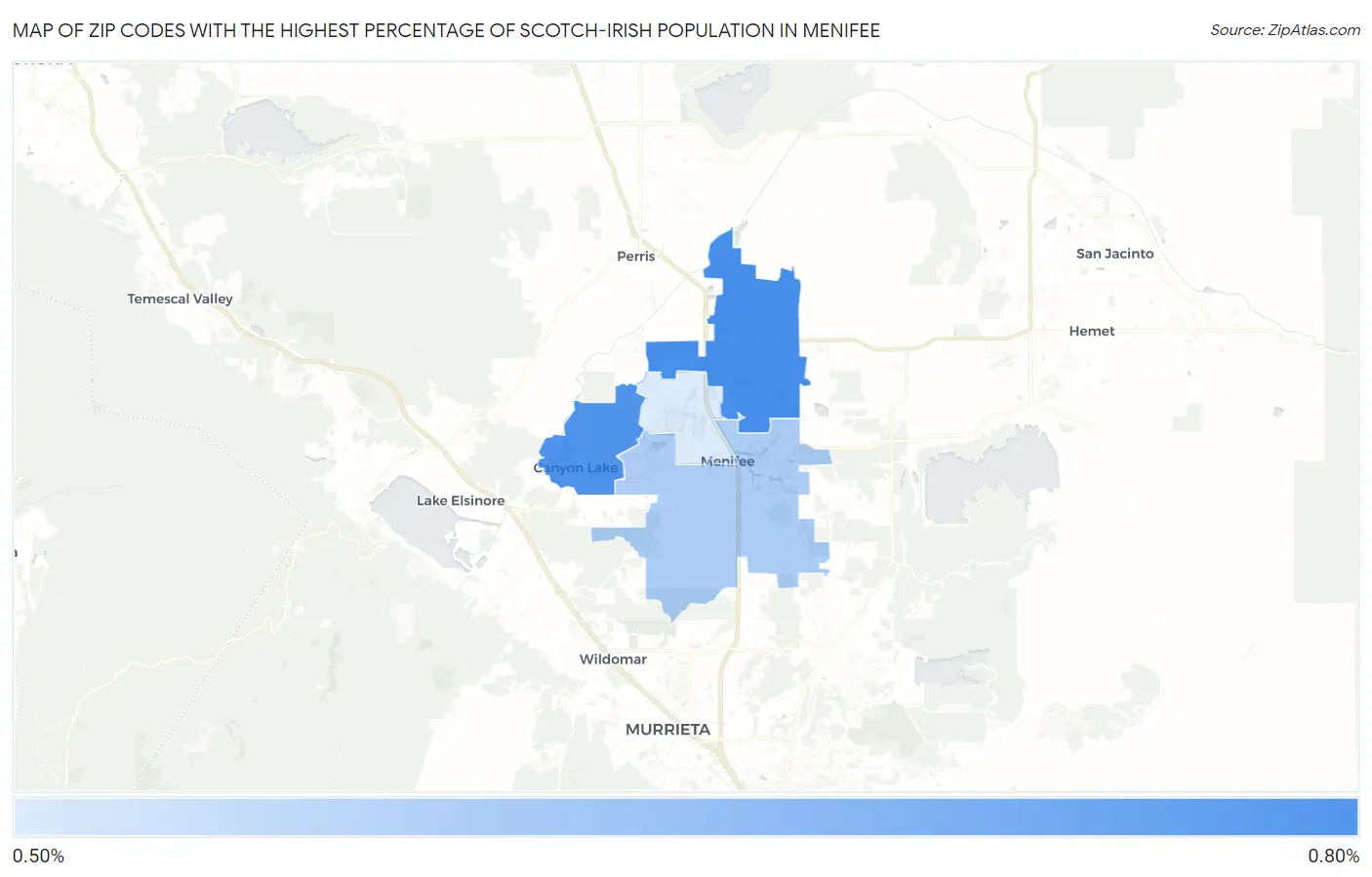 Zip Codes with the Highest Percentage of Scotch-Irish Population in Menifee Map
