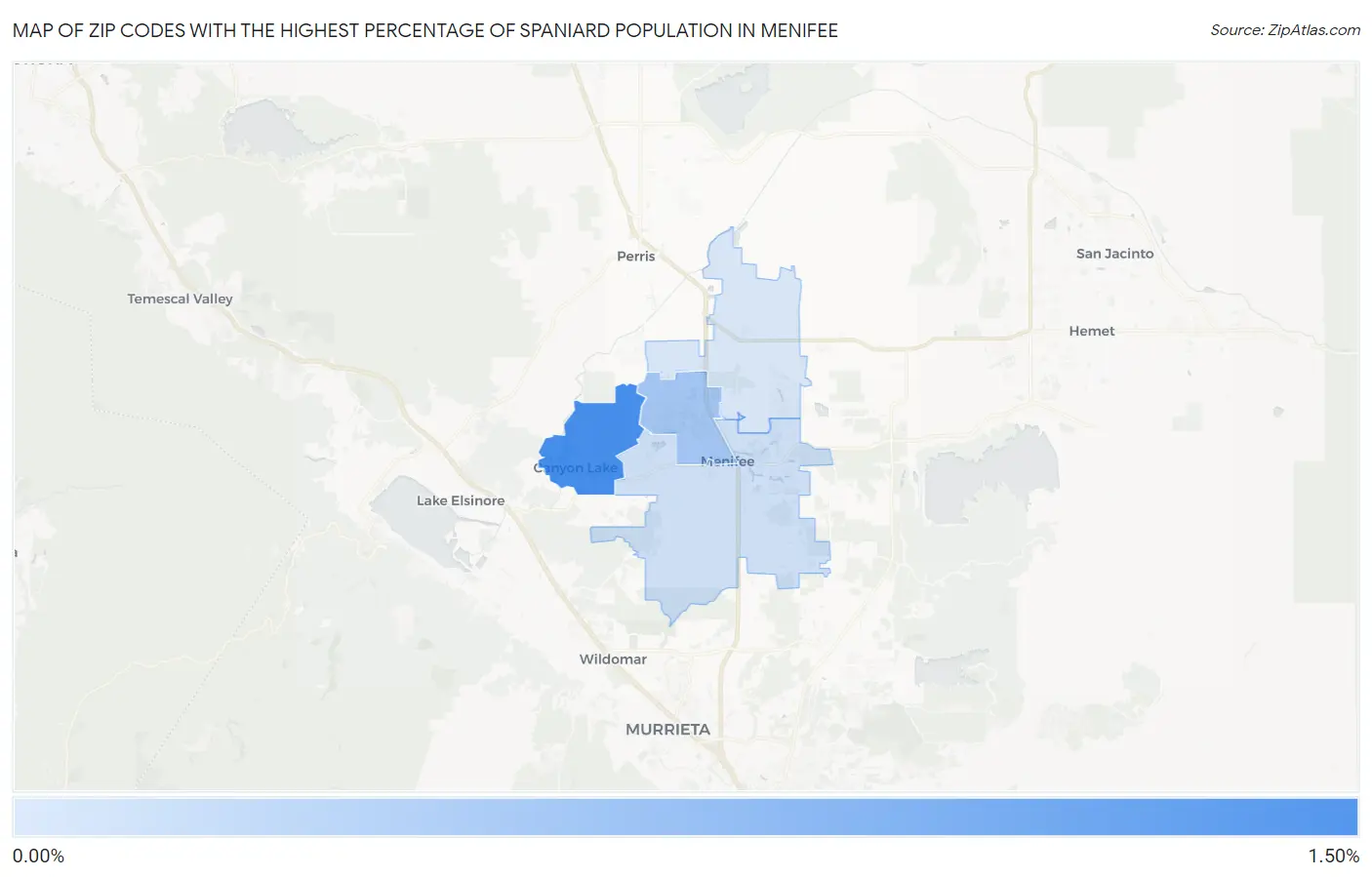 Zip Codes with the Highest Percentage of Spaniard Population in Menifee Map