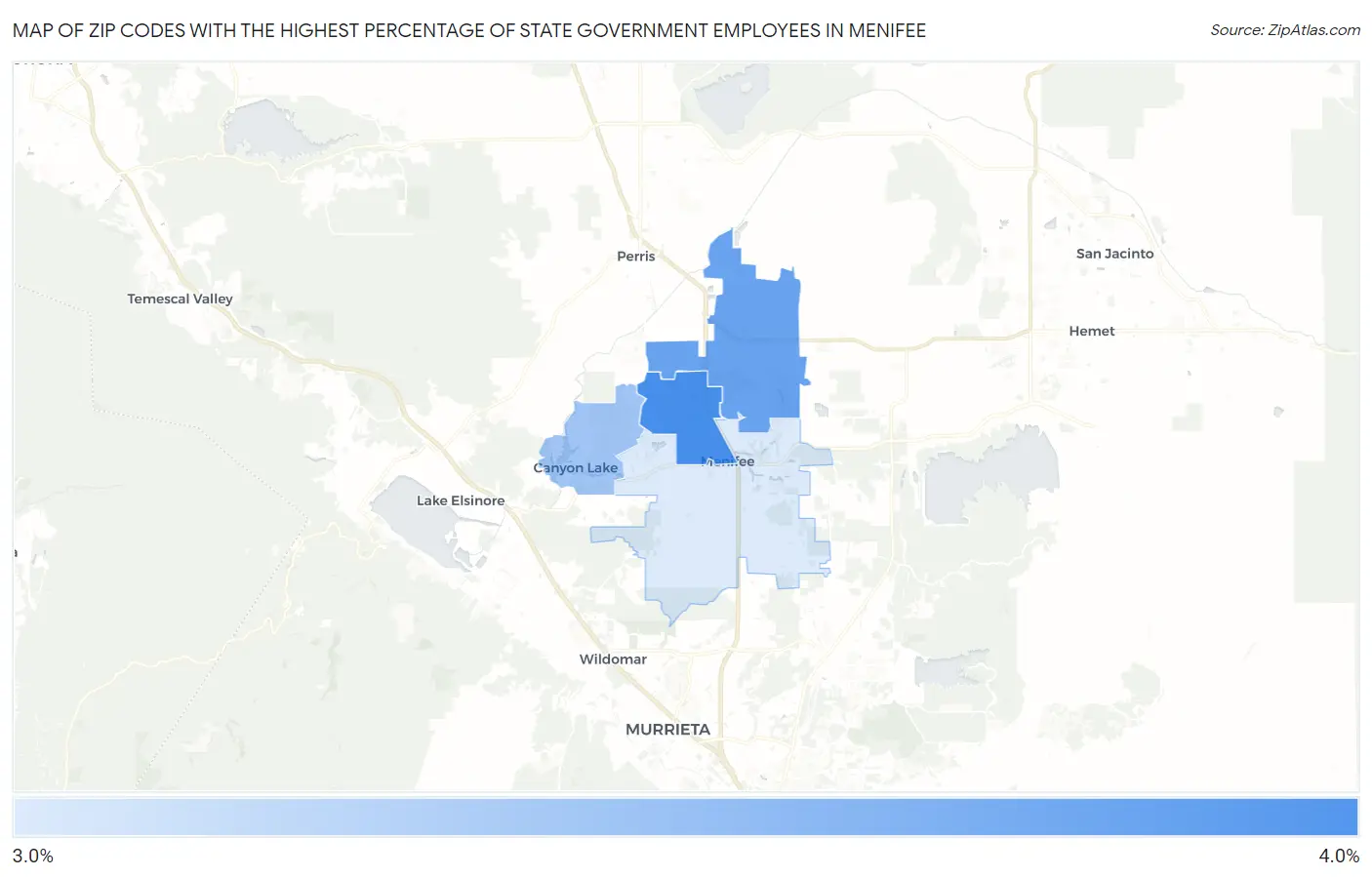 Zip Codes with the Highest Percentage of State Government Employees in Menifee Map