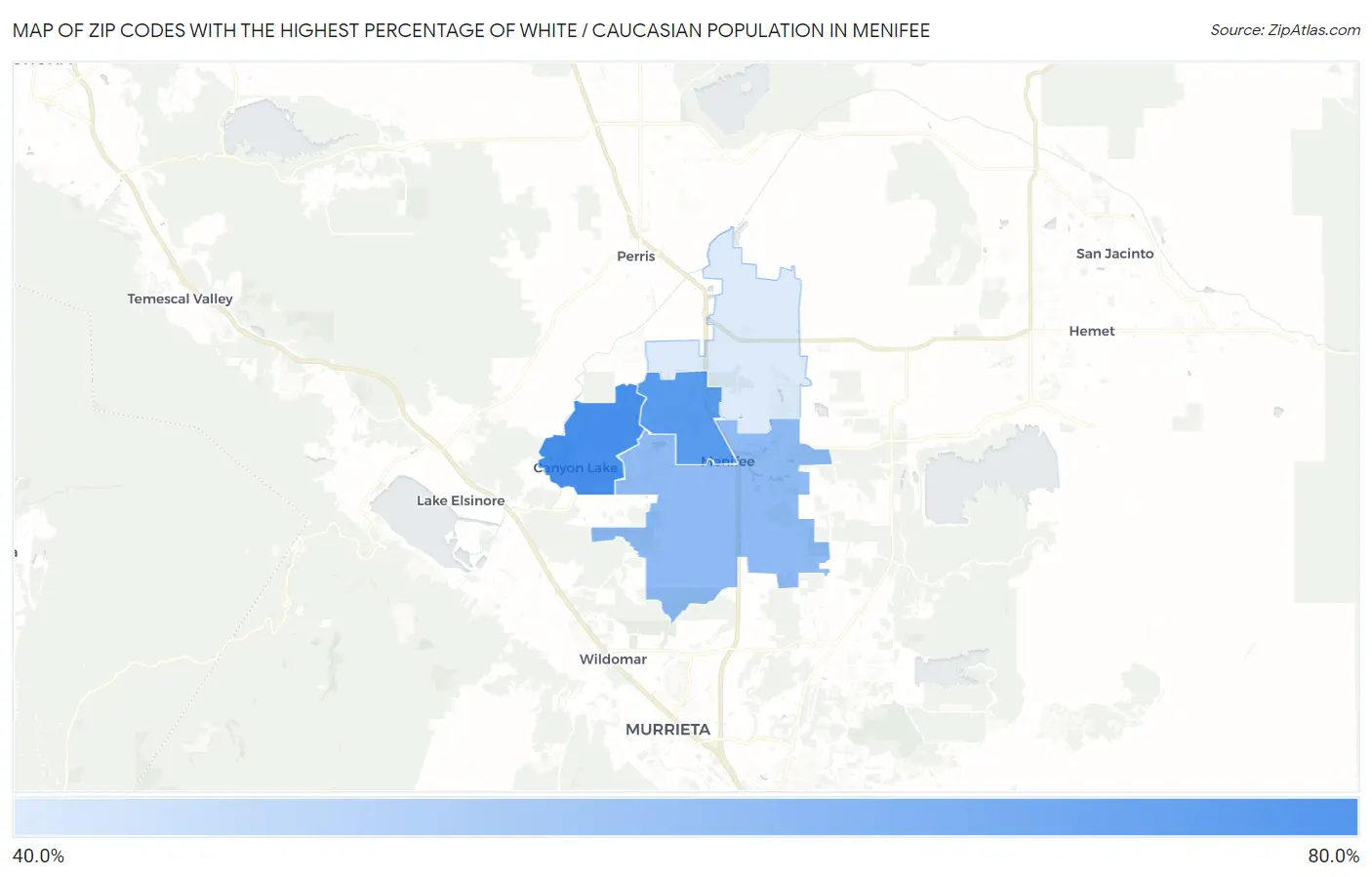 Zip Codes with the Highest Percentage of White / Caucasian Population in Menifee Map