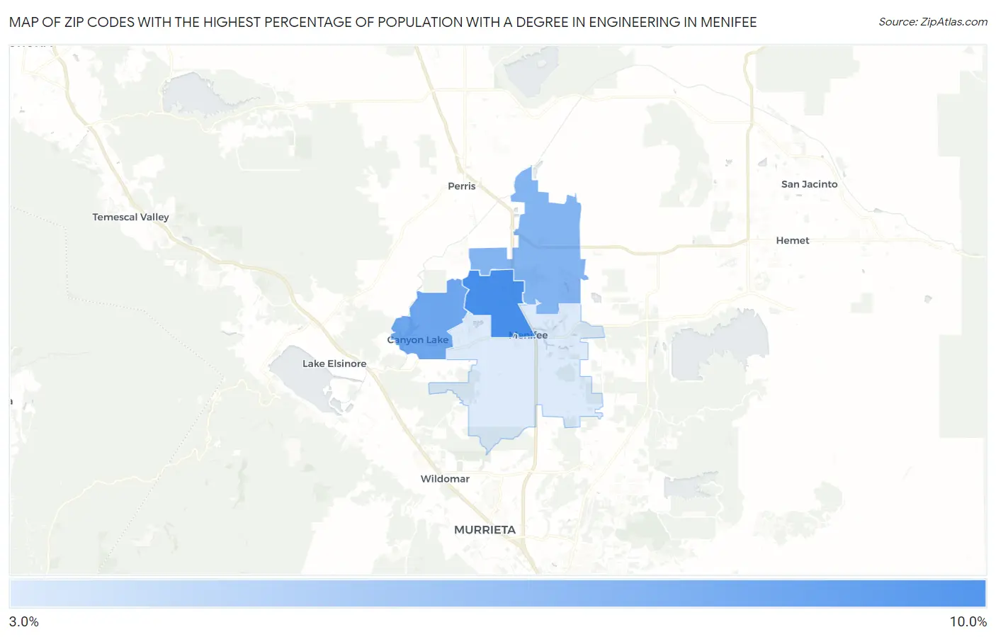 Zip Codes with the Highest Percentage of Population with a Degree in Engineering in Menifee Map