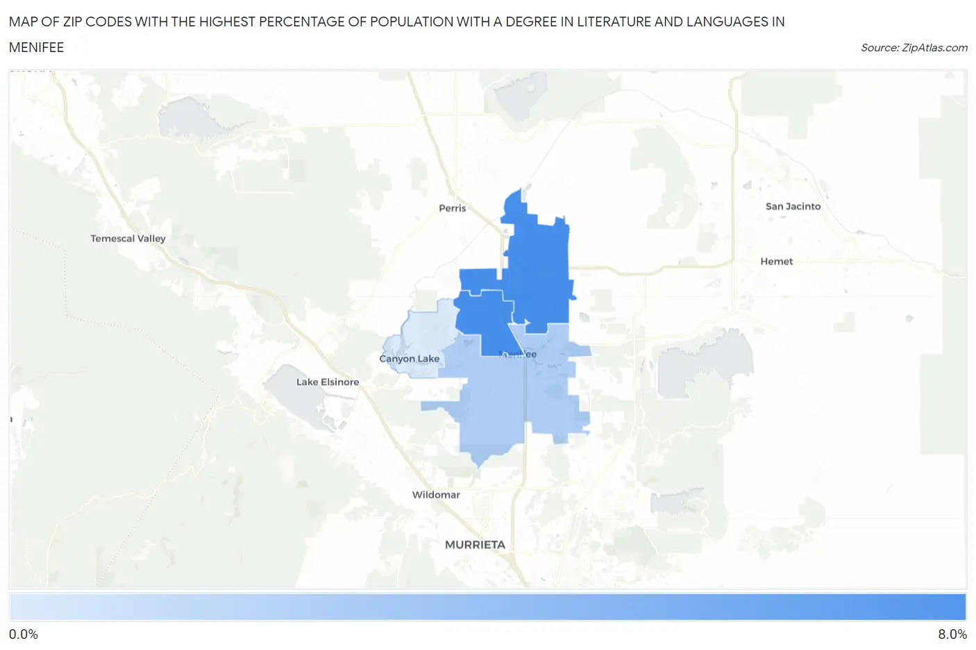 Zip Codes with the Highest Percentage of Population with a Degree in Literature and Languages in Menifee Map