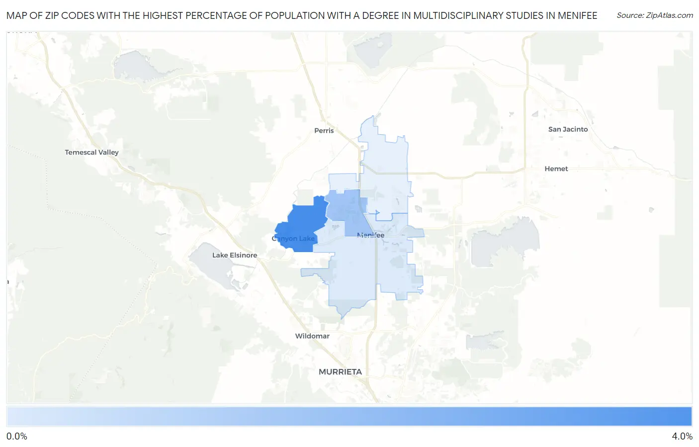 Zip Codes with the Highest Percentage of Population with a Degree in Multidisciplinary Studies in Menifee Map