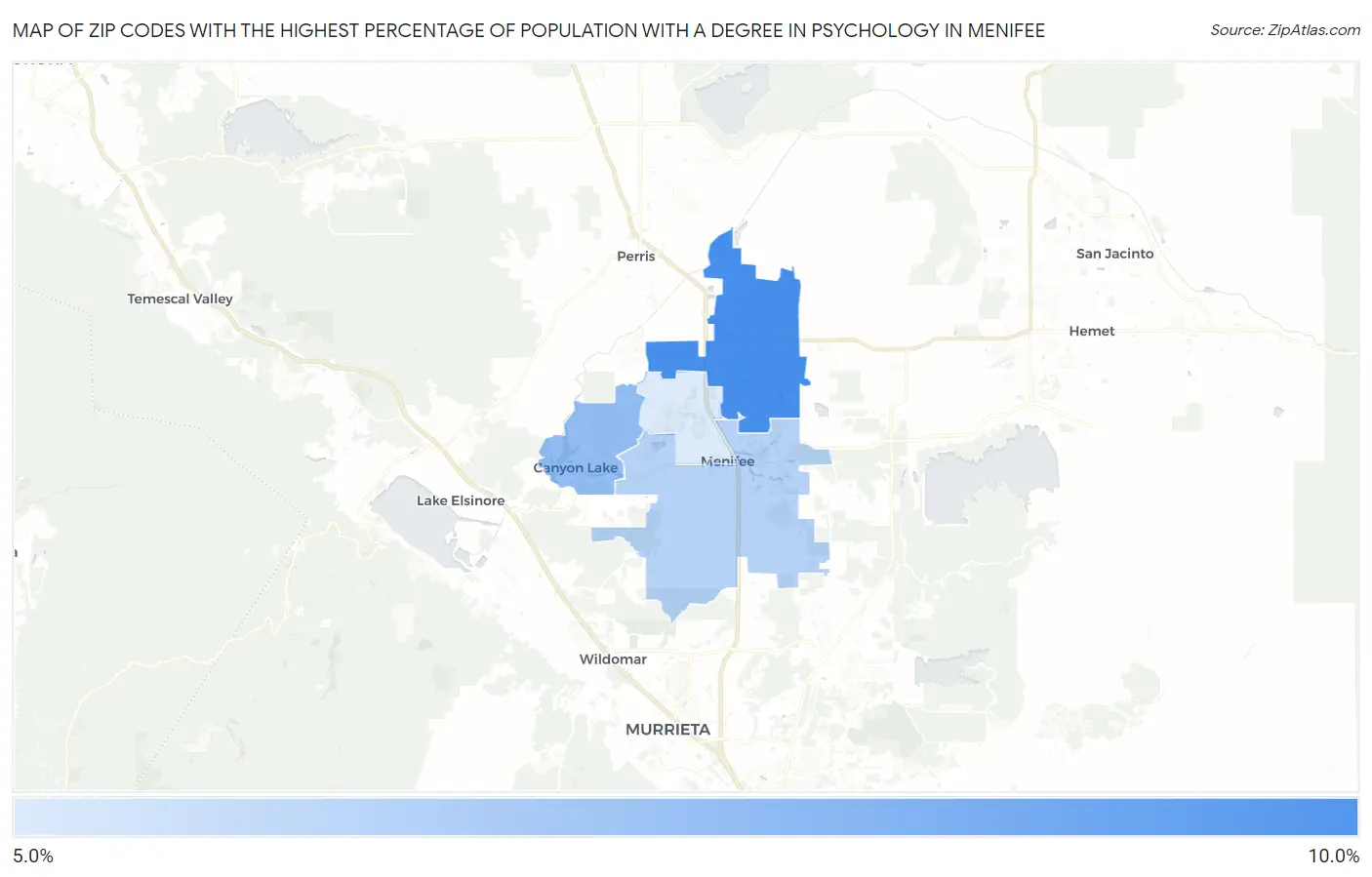 Zip Codes with the Highest Percentage of Population with a Degree in Psychology in Menifee Map