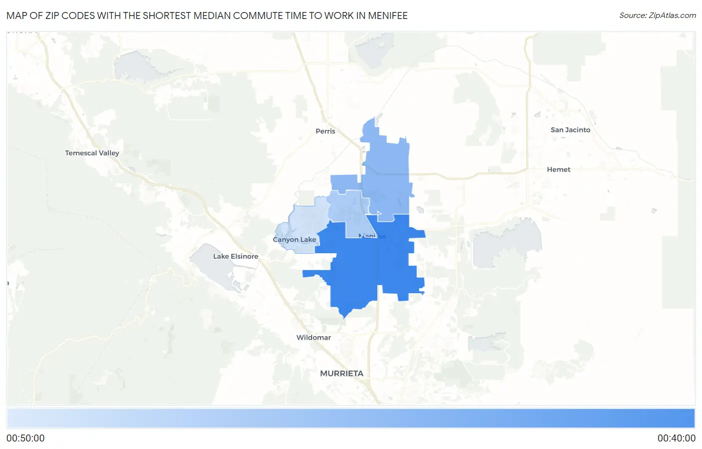 Zip Codes with the Shortest Median Commute Time to Work in Menifee Map