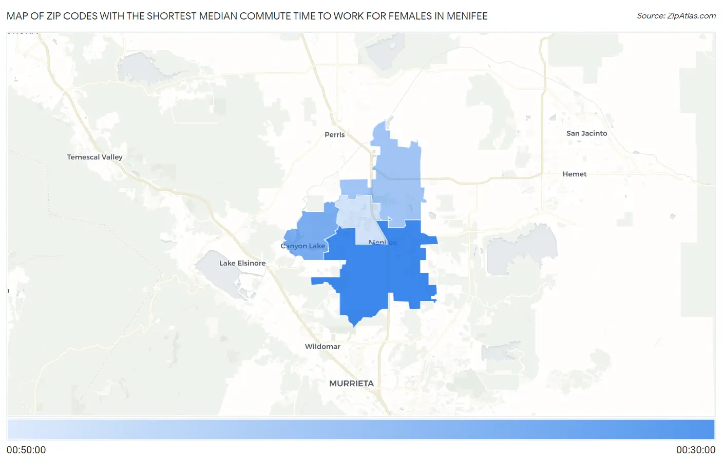 Zip Codes with the Shortest Median Commute Time to Work for Females in Menifee Map