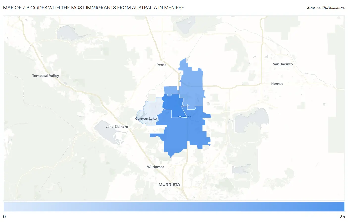 Zip Codes with the Most Immigrants from Australia in Menifee Map