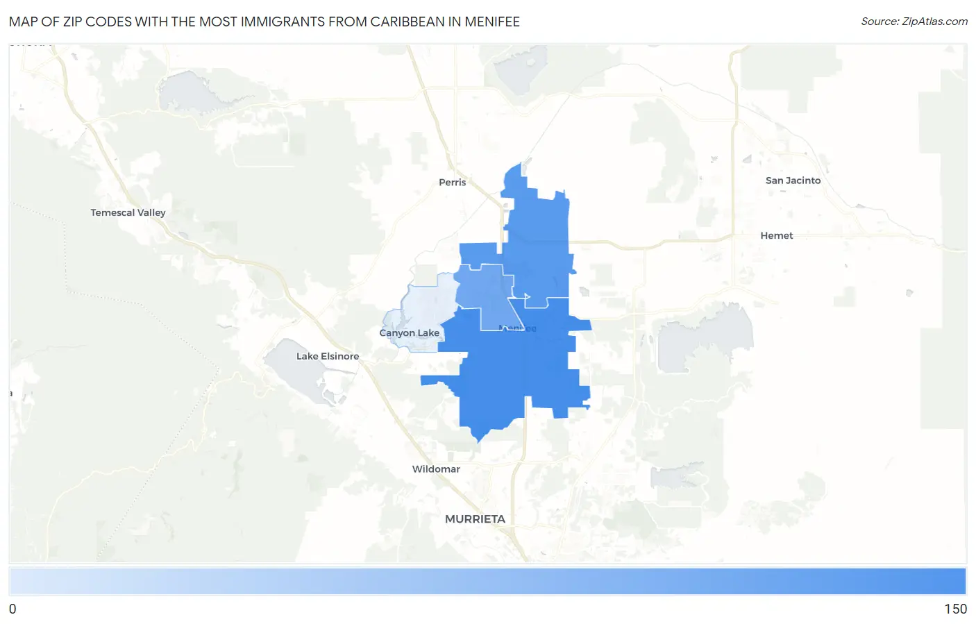 Zip Codes with the Most Immigrants from Caribbean in Menifee Map