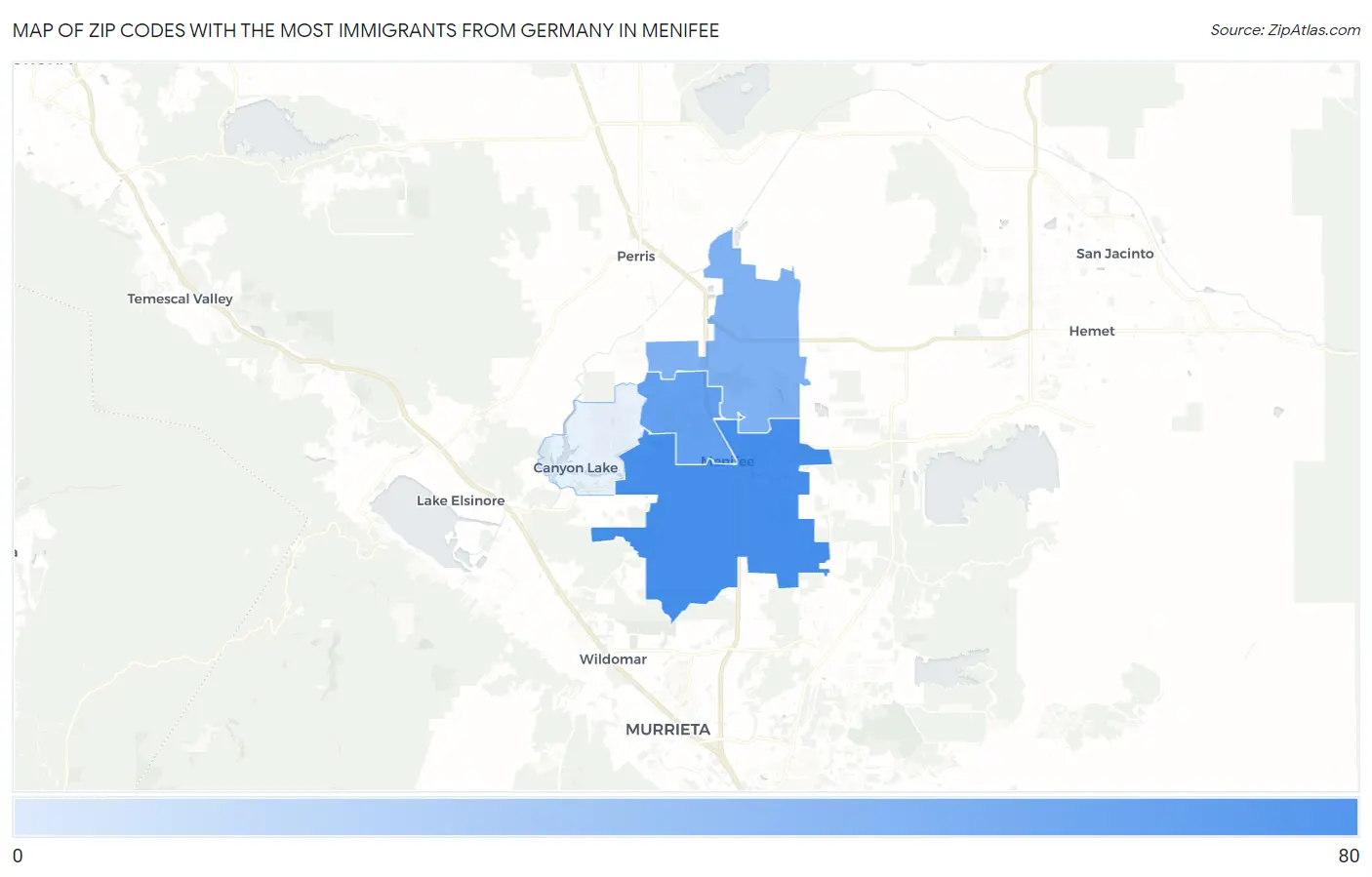 Zip Codes with the Most Immigrants from Germany in Menifee Map